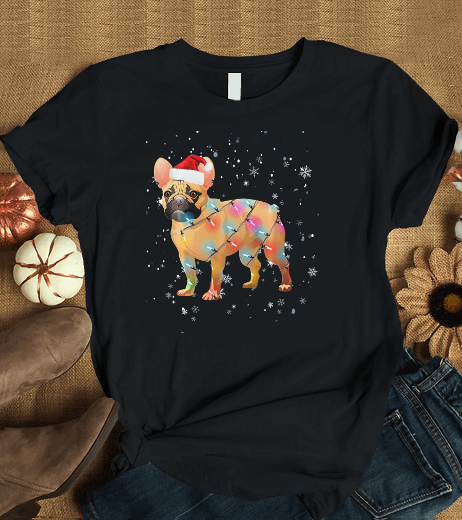 French Bulldog Santa Hat with Christmas Lights and Snowflakes T-Shirt