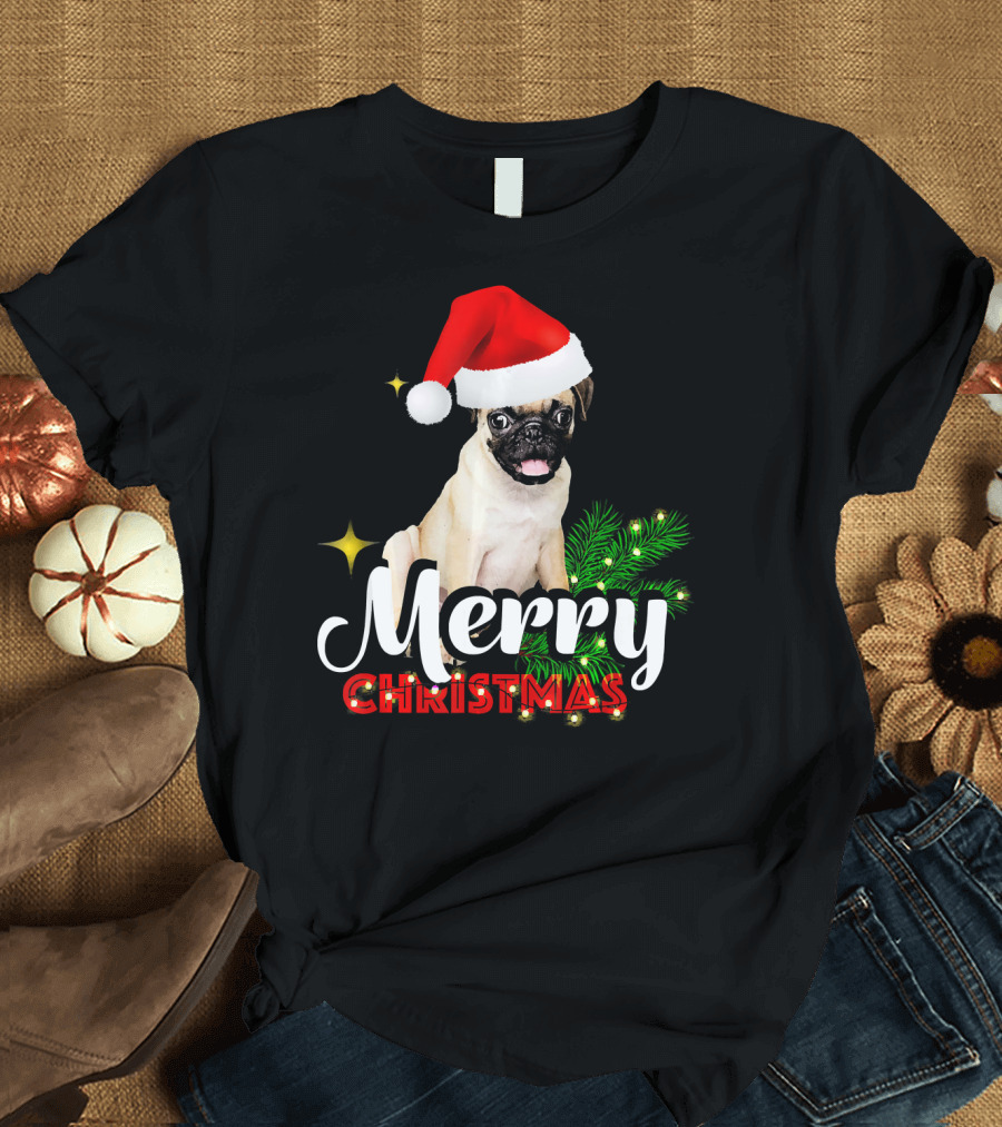 Merry Christmas Pug with Santa Hat and Pine Branches T-Shirt
