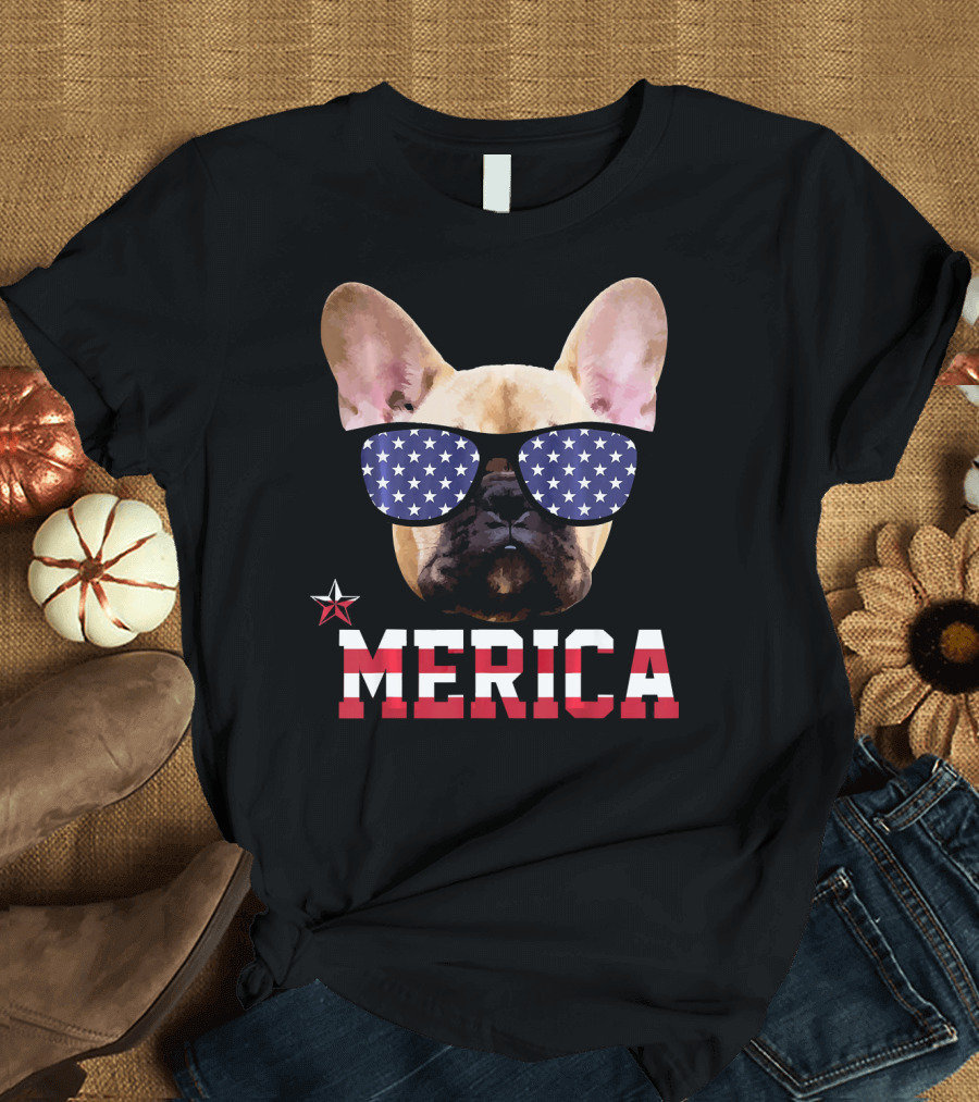 French Bulldog Merica with Patriotic Star Sunglasses T-Shirt