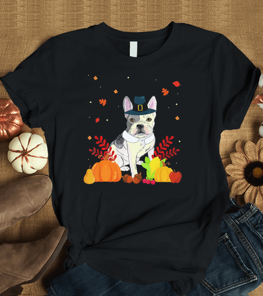 French Bulldog Thanksgiving Costume Pilgrim Pumpkins Harvest T-Shirt