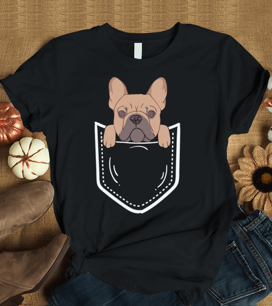 Funny Cream French Bulldog Peeking from Pocket T-Shirt
