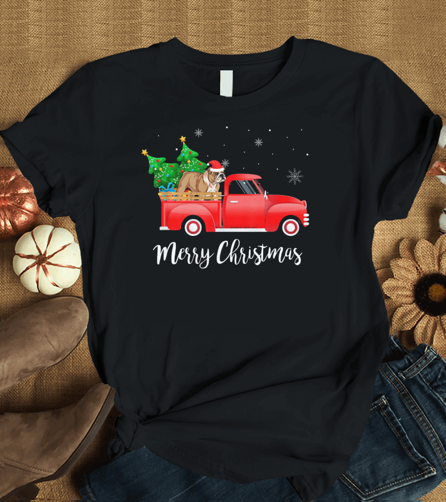 Merry Christmas English Bulldog Santa Hat Red Truck Tree T-Shirt