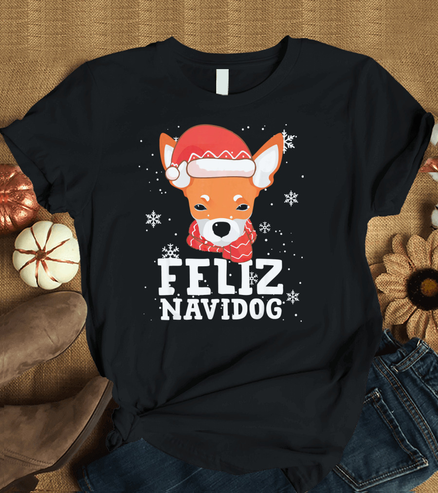 Feliz Navidog Chihuahua Santa Hat Snowflakes T-Shirt