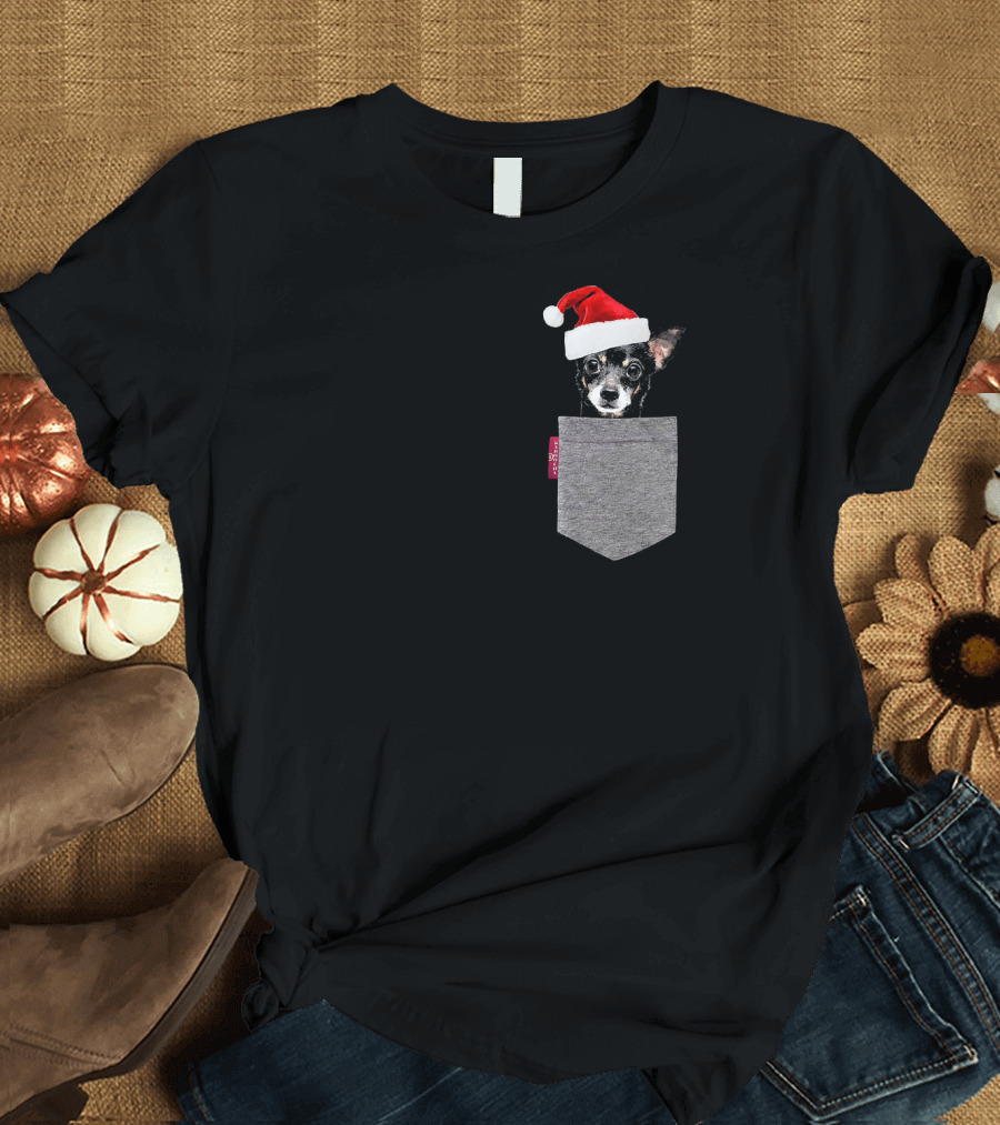 Santa Hat Black Chihuahua in a Festive Pocket T-Shirt