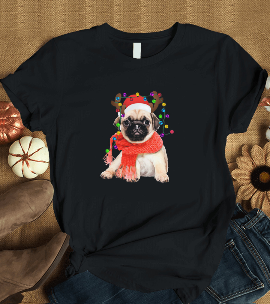 Funny Pug Christmas Reindeer with Santa Hat and Red Scarf T-Shirt