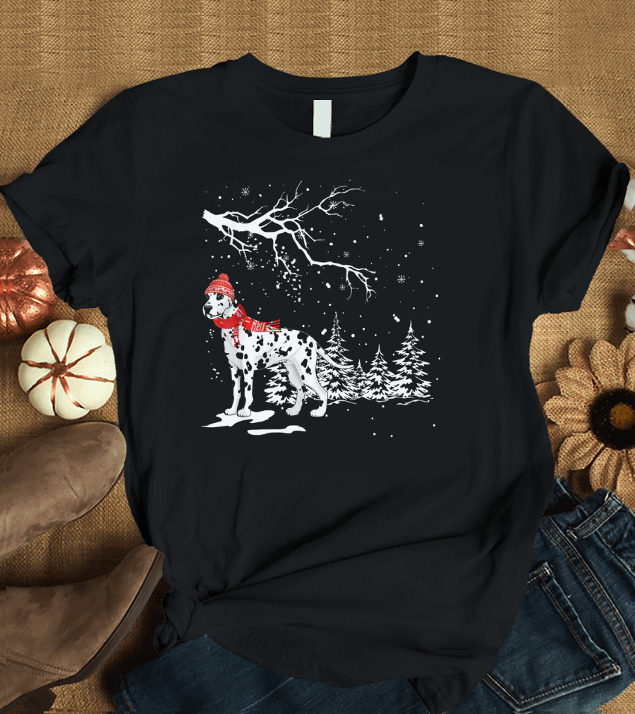 Dalmatian Dog in Snowy Forest with Red Scarf and Hat T-Shirt