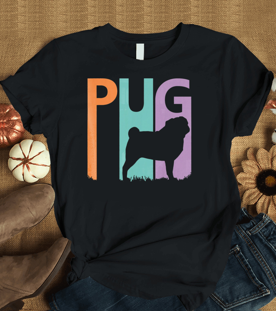 Pug Dog Silhouette with Colorful PUG Text T-Shirt