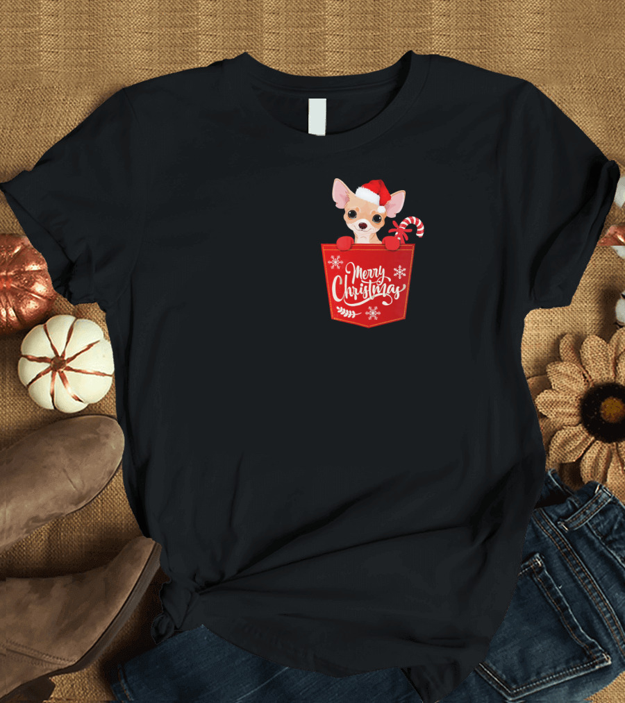 Chihuahua Dog Merry Christmas Pocket Santa Hat Candy Cane T-Shirt