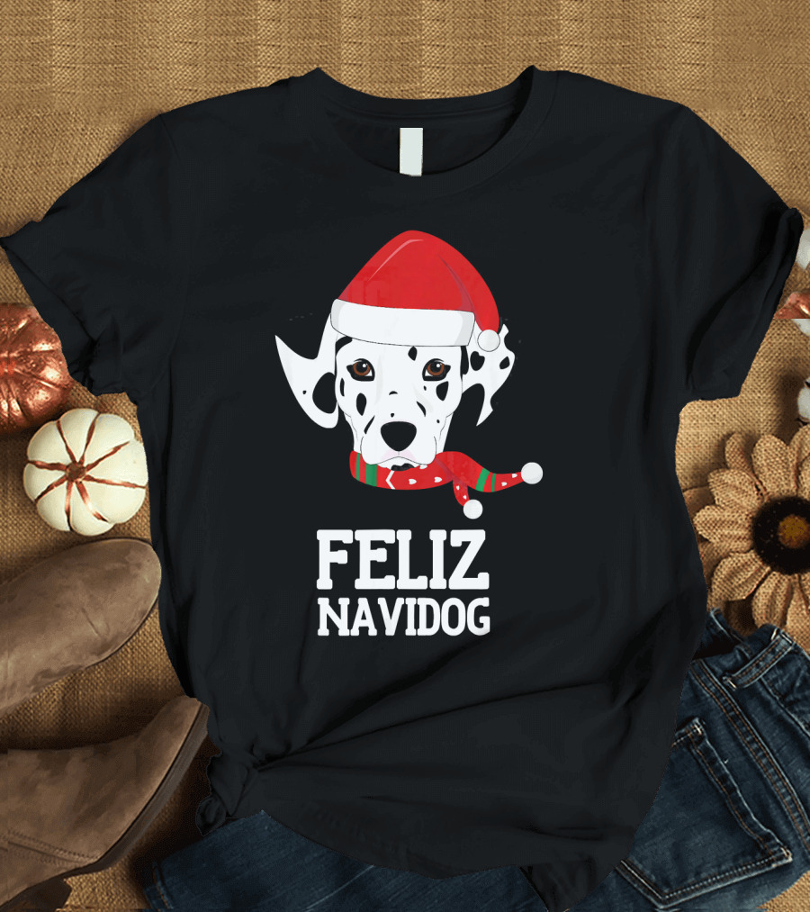 Feliz Navidog Merry Christmas Dog Dalmatian Santa Hat Scarf T-Shirt