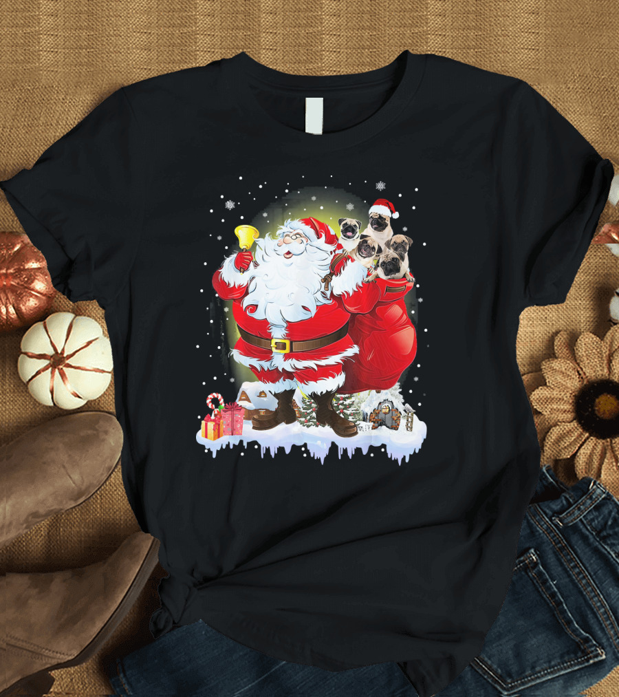Santa Claus with Bell and Pugs in Red Bag Snowy Scene T-Shirt