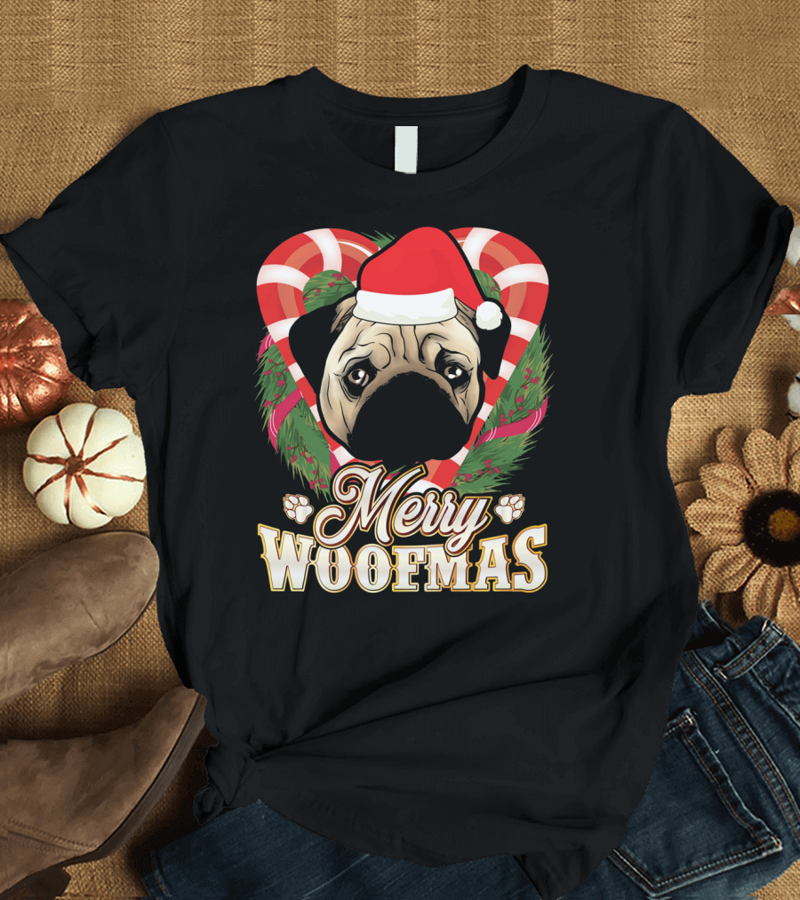 Merry Woofmas Pug Santa Claus with Candy Canes T-Shirt