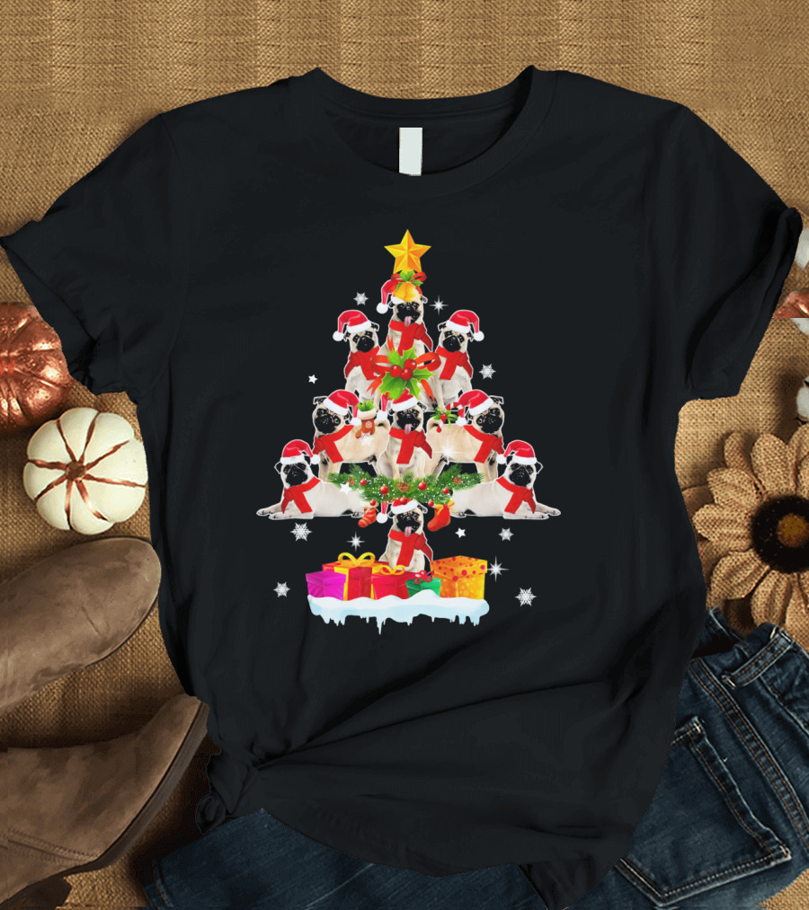 Pug Christmas Tree with Santa Hats and Gifts T-Shirt