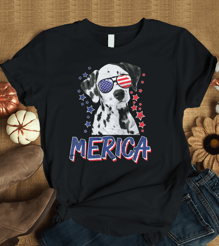 Merica Dalmatian Dog with Patriotic Sunglasses and Stars for 4th of July USA T-Shirt