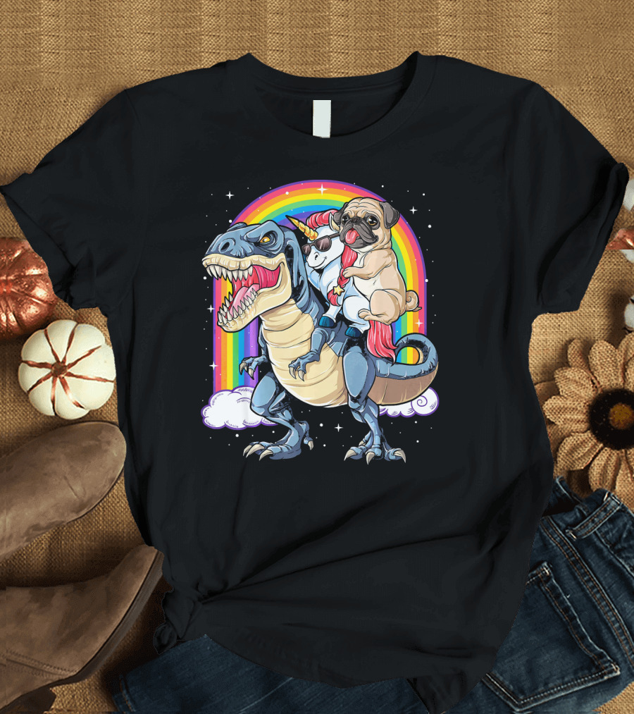 Pug Unicorn Dinosaur Rainbow Adventure T-Shirt