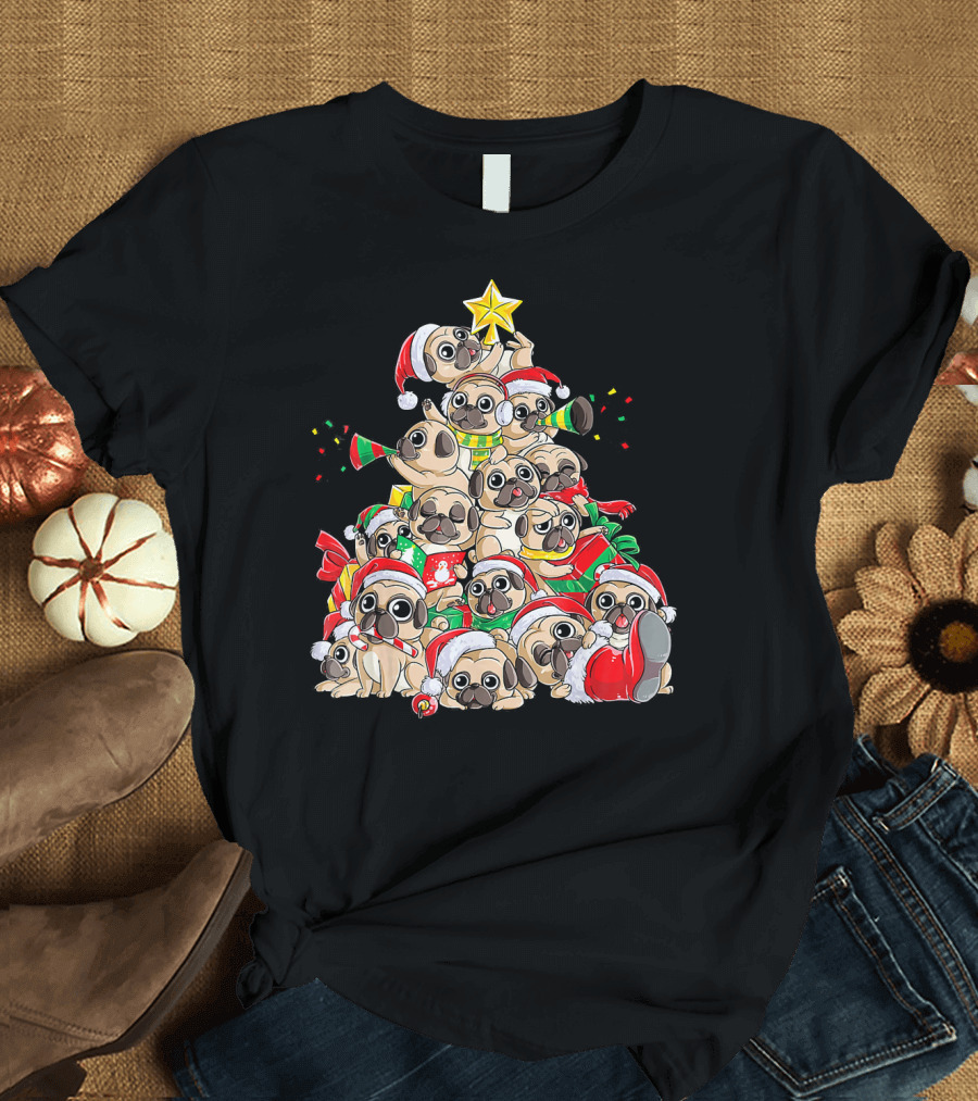 Pug Christmas Merry Pugmas Santa Hat Holiday Tree of Pugs T-Shirt