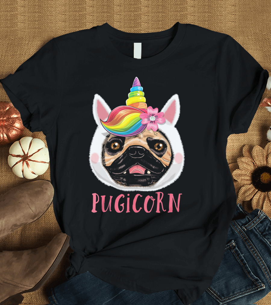 Pugicorn Pug Unicorn Rainbow Flower Ears T-Shirt