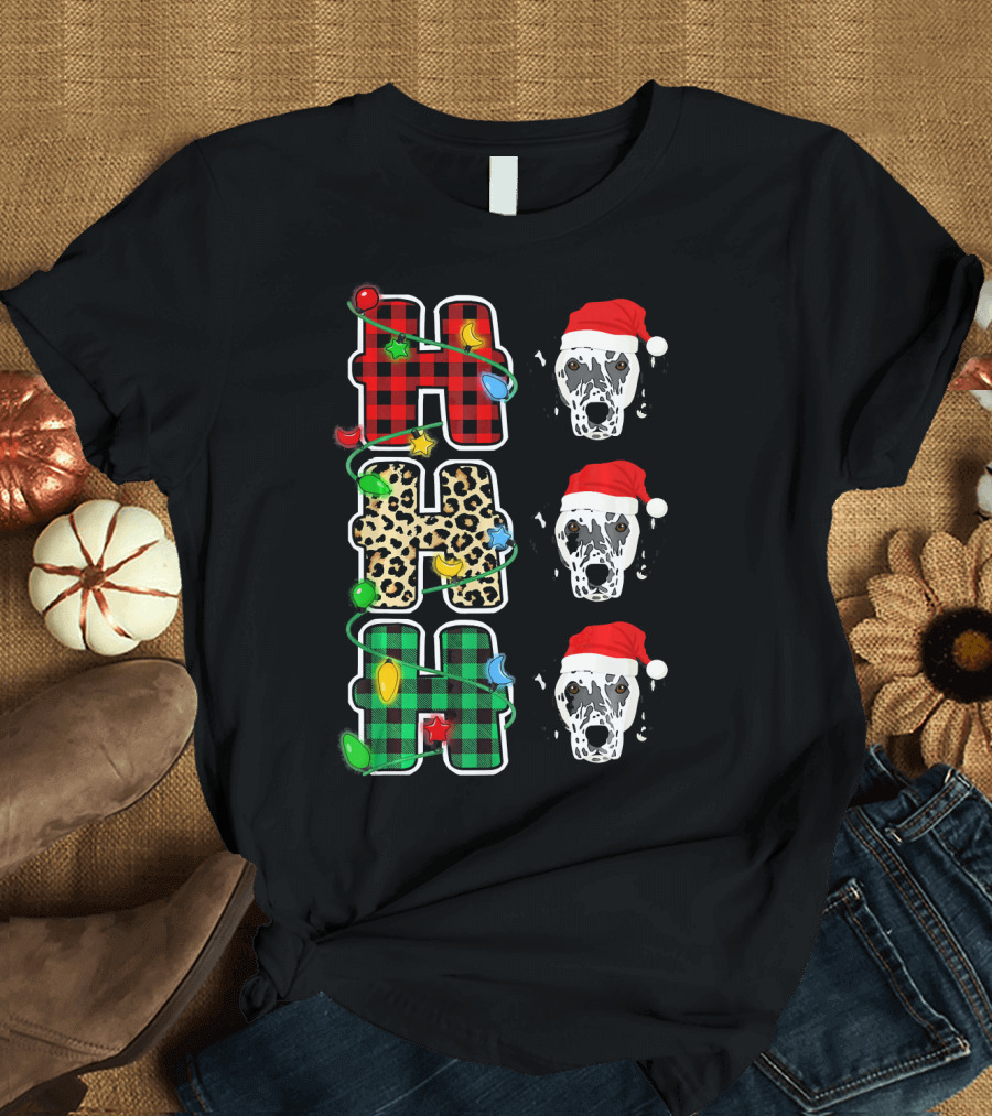 HO HO HO Santa Hat Dalmatian Leopard Christmas Lights T-Shirt