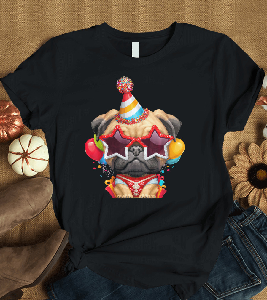 Pug in Star Glasses Birthday Party Balloons T-Shirt