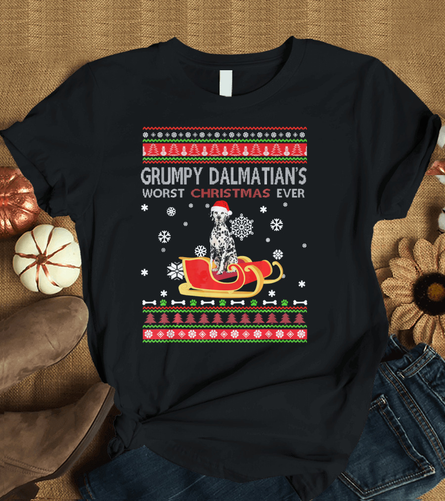 Grumpy Dalmatian's Worst Christmas Ever Dalmatian on Santa Sleigh Snowflakes T-Shirt