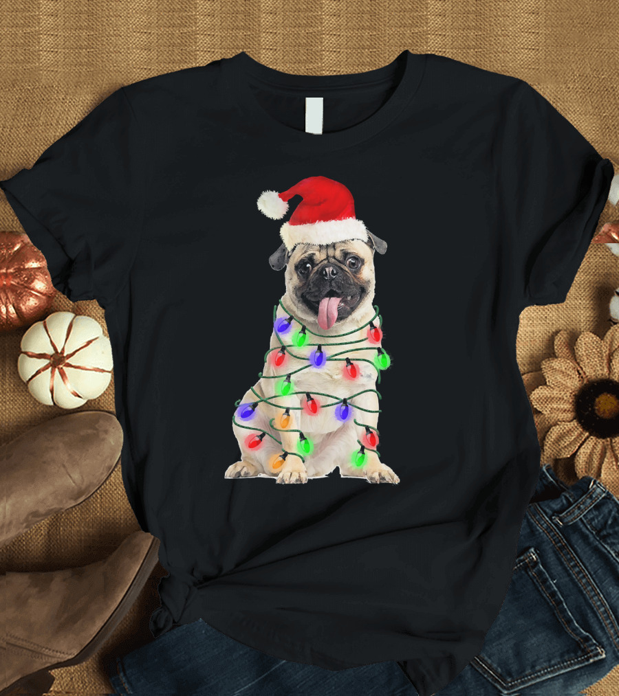 Pug Santa Hat Wrapped in Christmas Lights T-Shirt