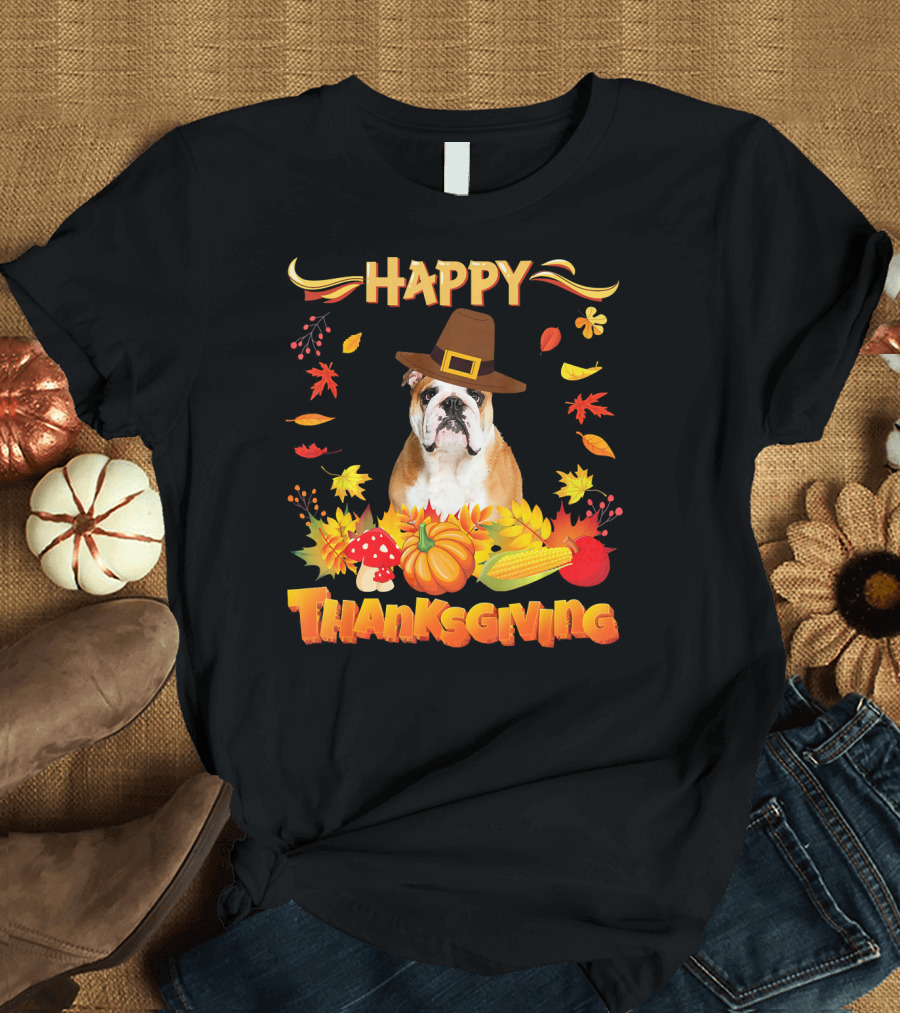 Happy Thanksgiving English Bulldog Autumn Harvest T-Shirt
