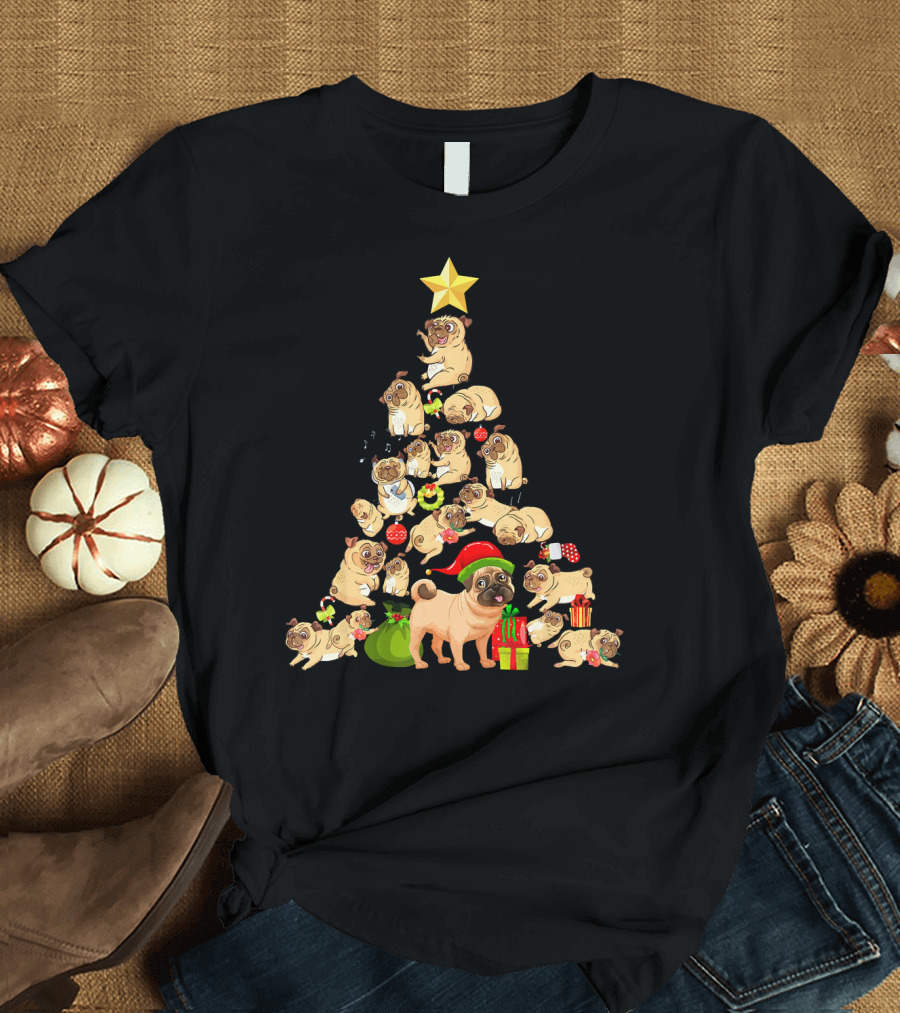 Pug Christmas Tree Funny Pug Chris Holiday Star Gift T-Shirt