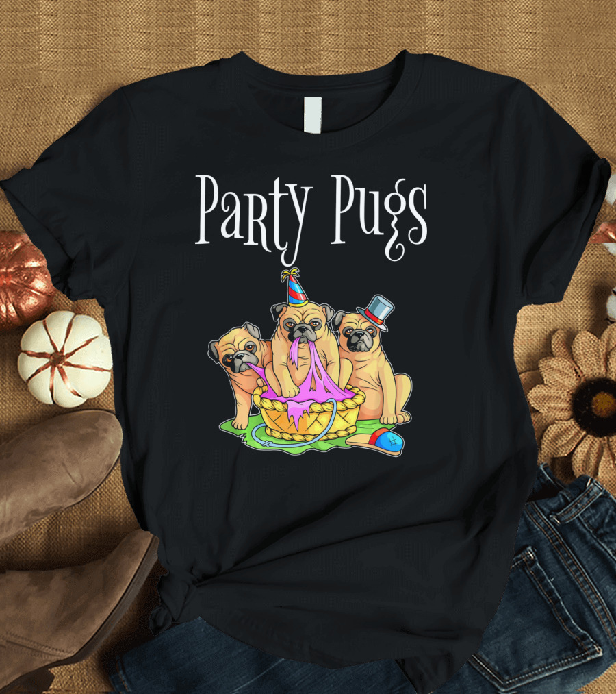 Party Pugs Trio with Hats and Basket Fun T-Shirt