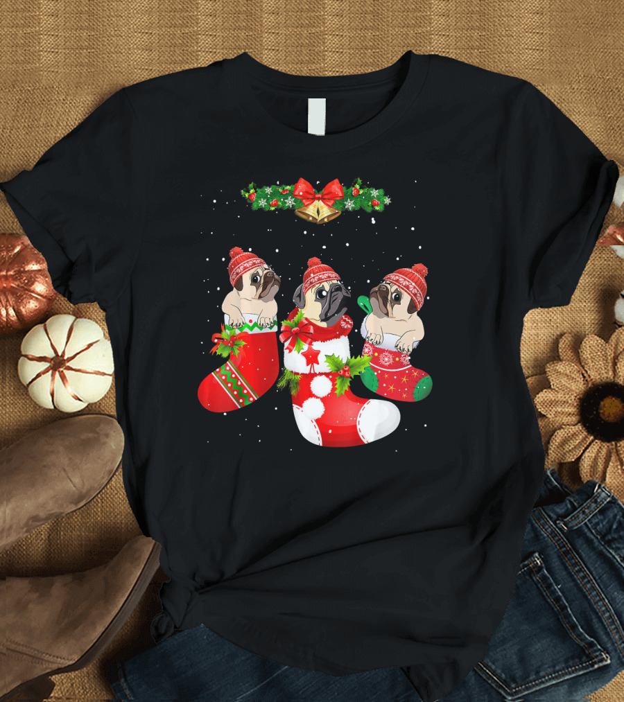 Pug Dog Trio in Festive Christmas Socks with Santa Hats and Holly Garland T-Shirt