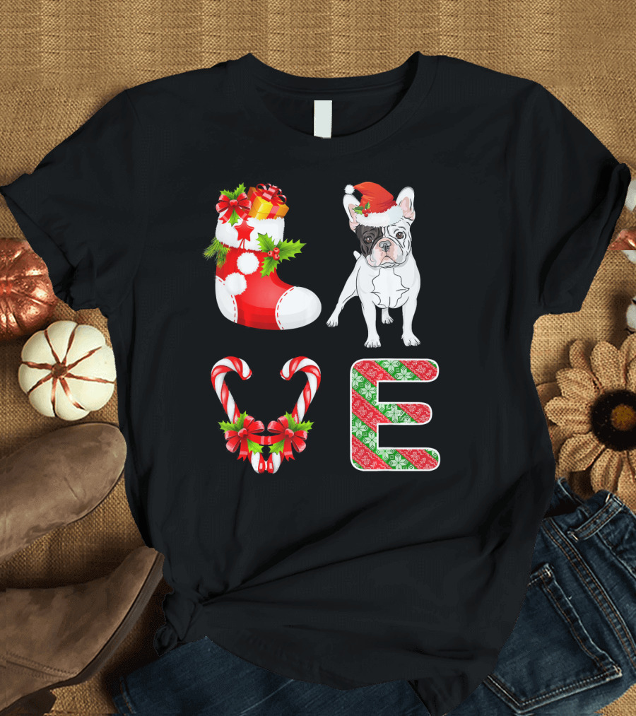 I Love French Bulldog Christmas Stocking Candy Cane Santa Hat T-Shirt