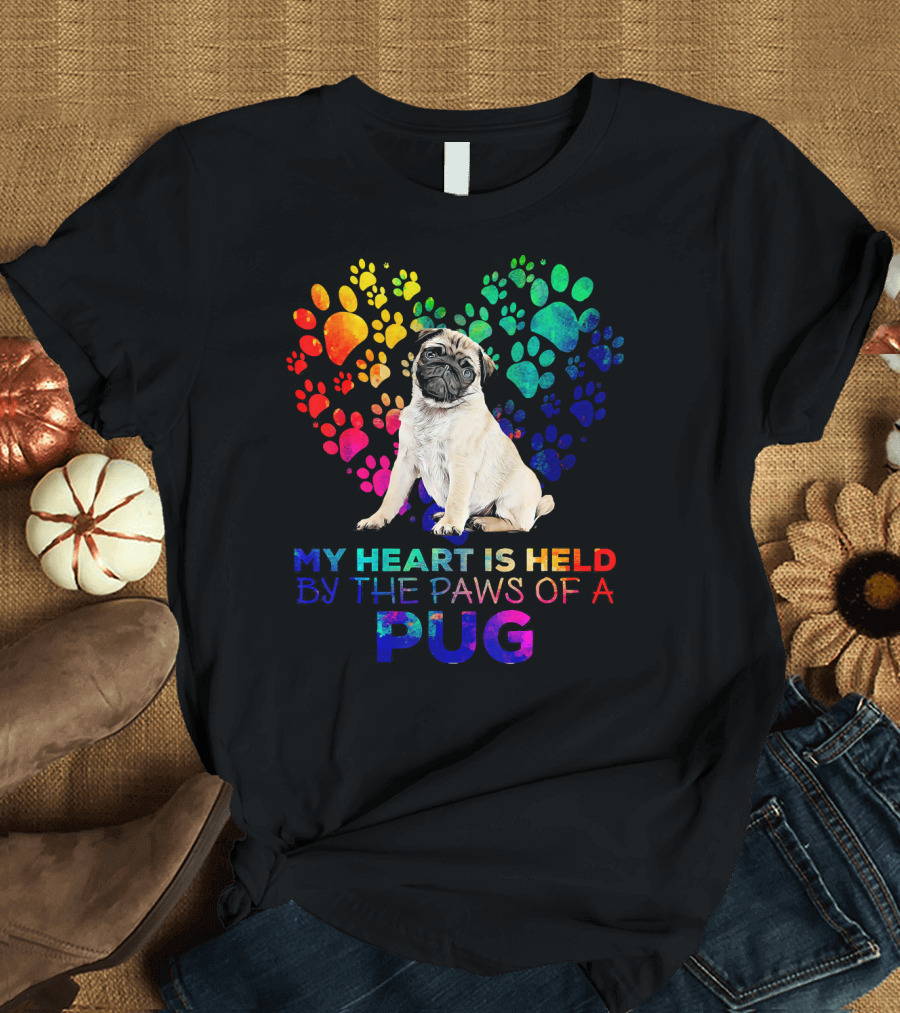 Heart Held by Pug Paws with Colorful Paw Print Heart Background T-Shirt