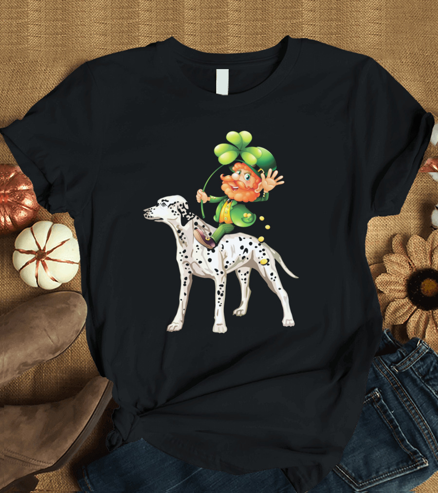 Leprechaun Riding Dalmatian Dog Irish Shamrock T-Shirt