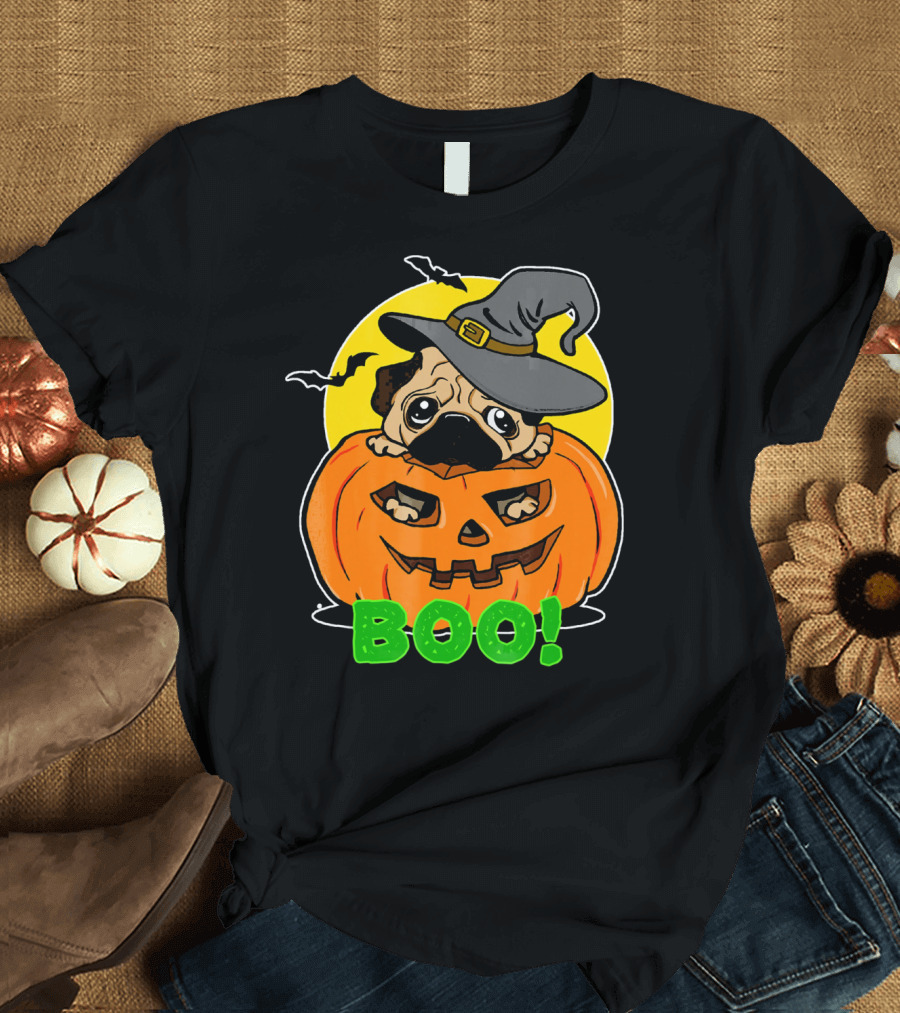 Boo Pug Halloween Cool Pumpkin Hat Moon Bats T-Shirt