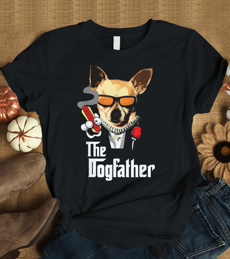 The Dogfather Mens Chihuahua Smoking Hot Dog Chain Sunglasses T-Shirt