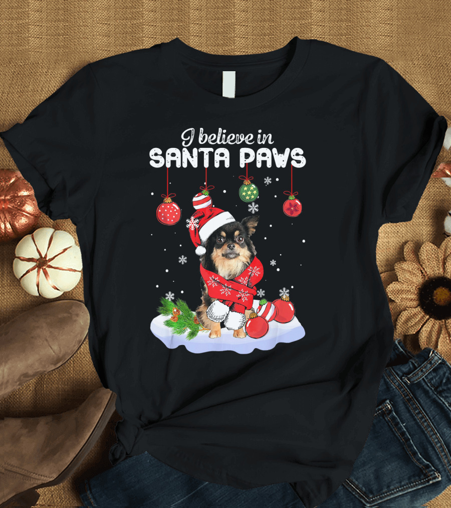 I Believe in Santa Paws Long Haired Chihuahua Christmas Ornaments T-Shirt