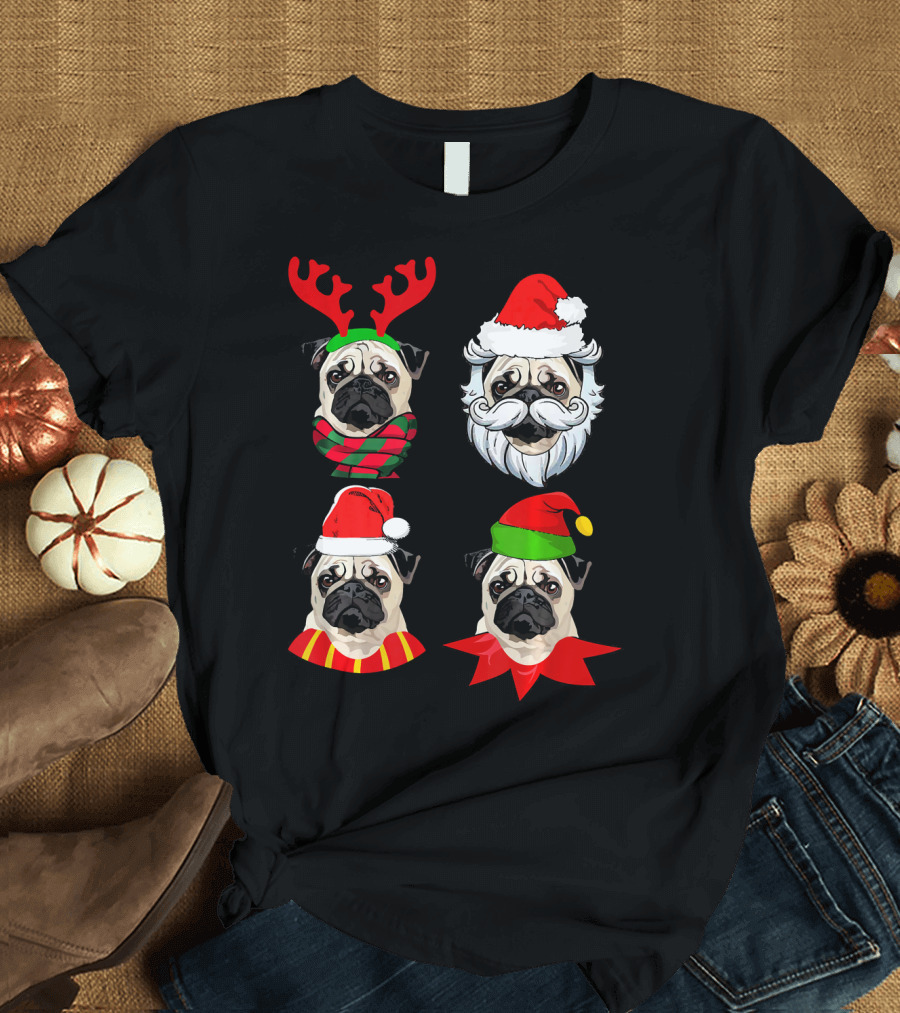 Pug Cute Reindeer Santa Elf Christmas Variations T-Shirt
