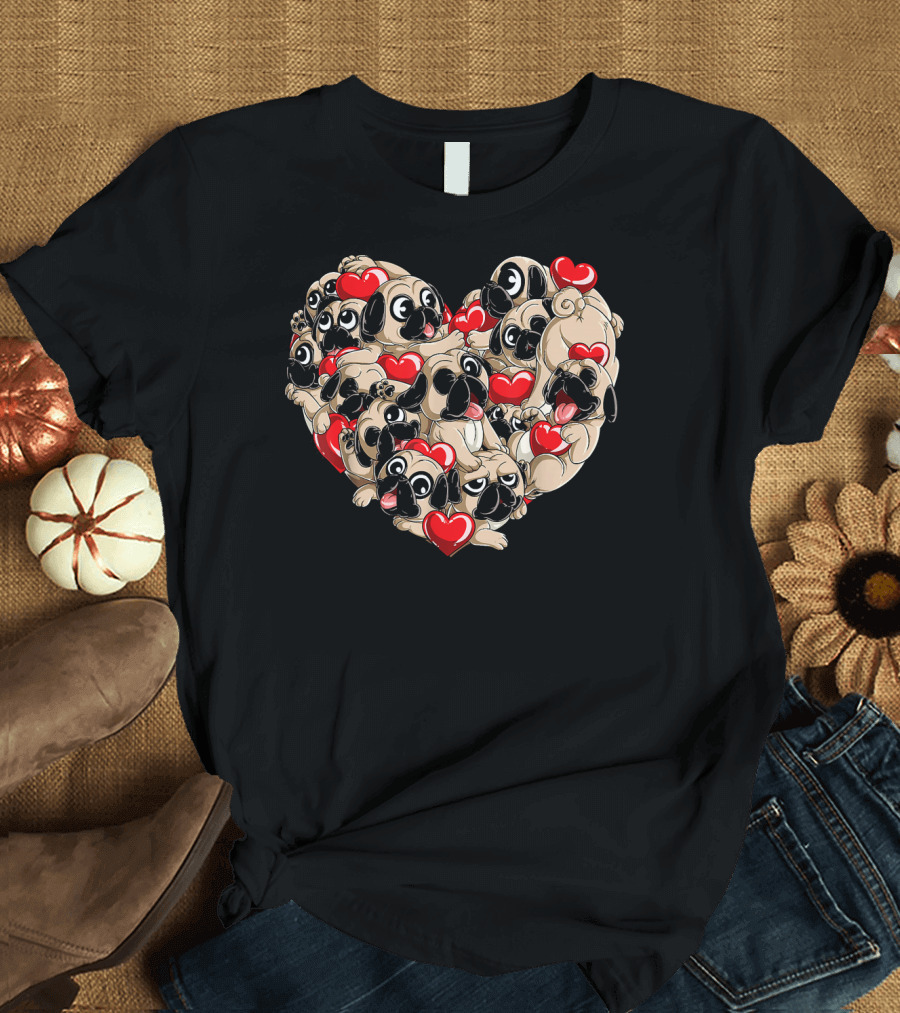 Heart Shaped Pug Valentines Day Puppies with Red Hearts T-Shirt