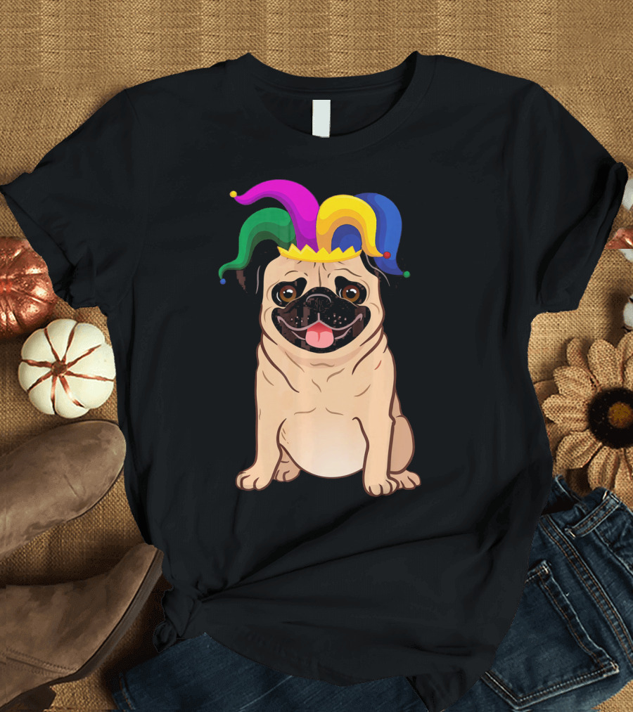 Pug Dog with Colorful Jester Hat for Mardi Gras T-Shirt
