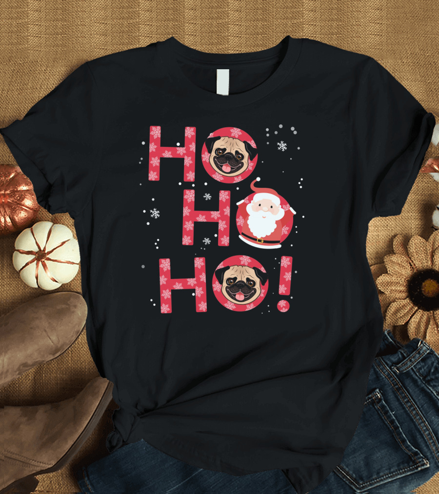 Ho Ho Ho Pug Dog with Santa and Snowflakes T-Shirt