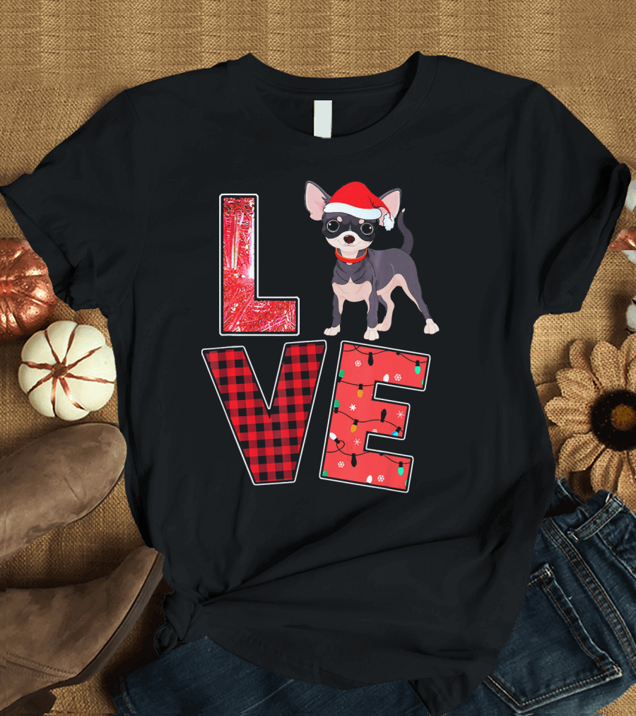 LOVE Christmas Chihuahua Santa Hat Lights Plaid T-Shirt