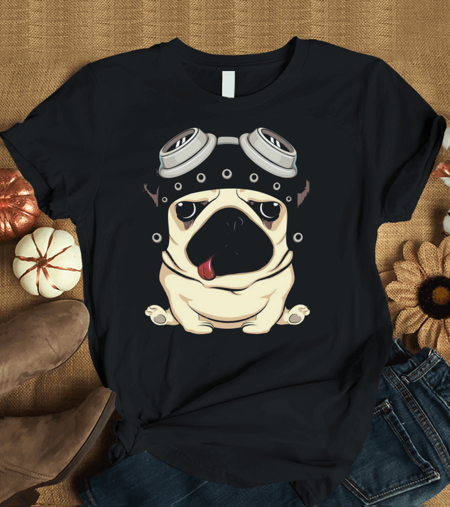 Pug Dog with Steampunk Aviator Goggles and Helmet T-Shirt