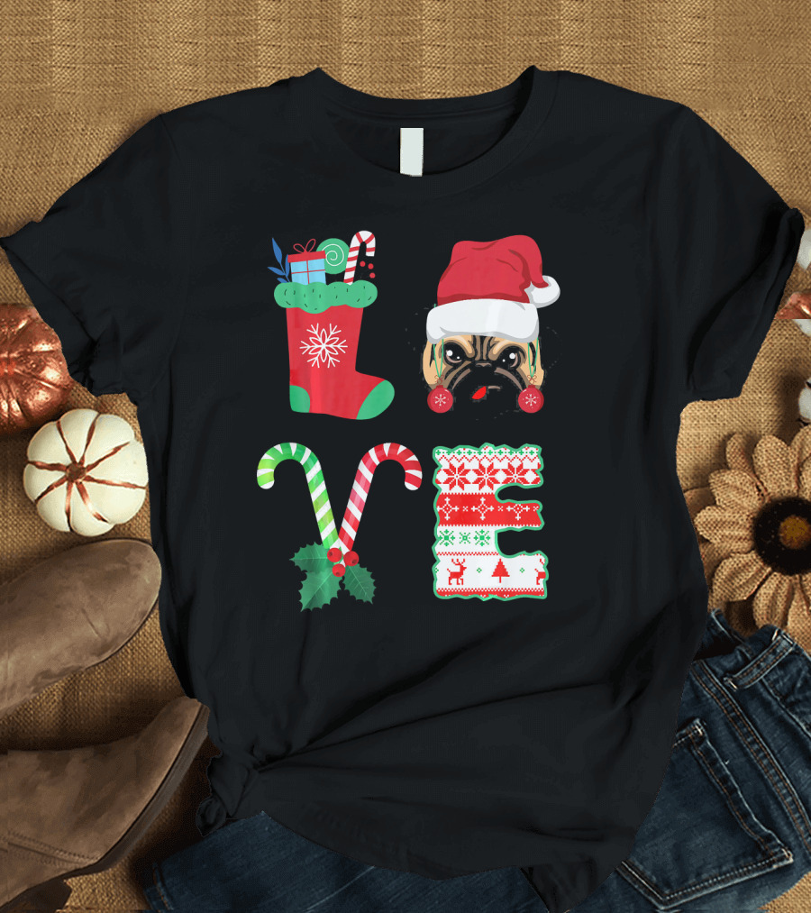 Love My Pug Christmas Dog Stocking Santa Hat Candy Canes T-Shirt
