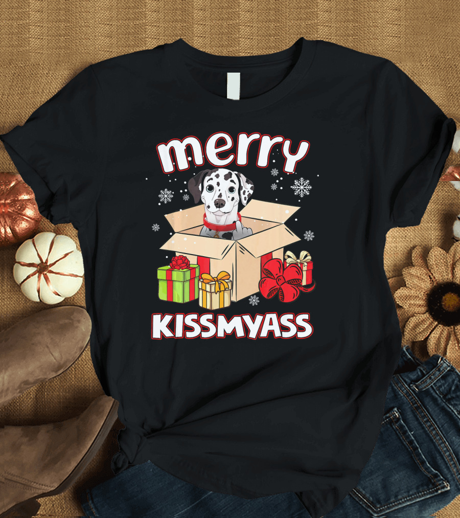 Merry Kissmyass Dalmatian In Christmas Present Box with Snowflakes and Gift Wraps T-Shirt