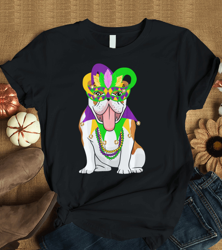 Mardi Gras Bulldog in Mask and Beads T-Shirt