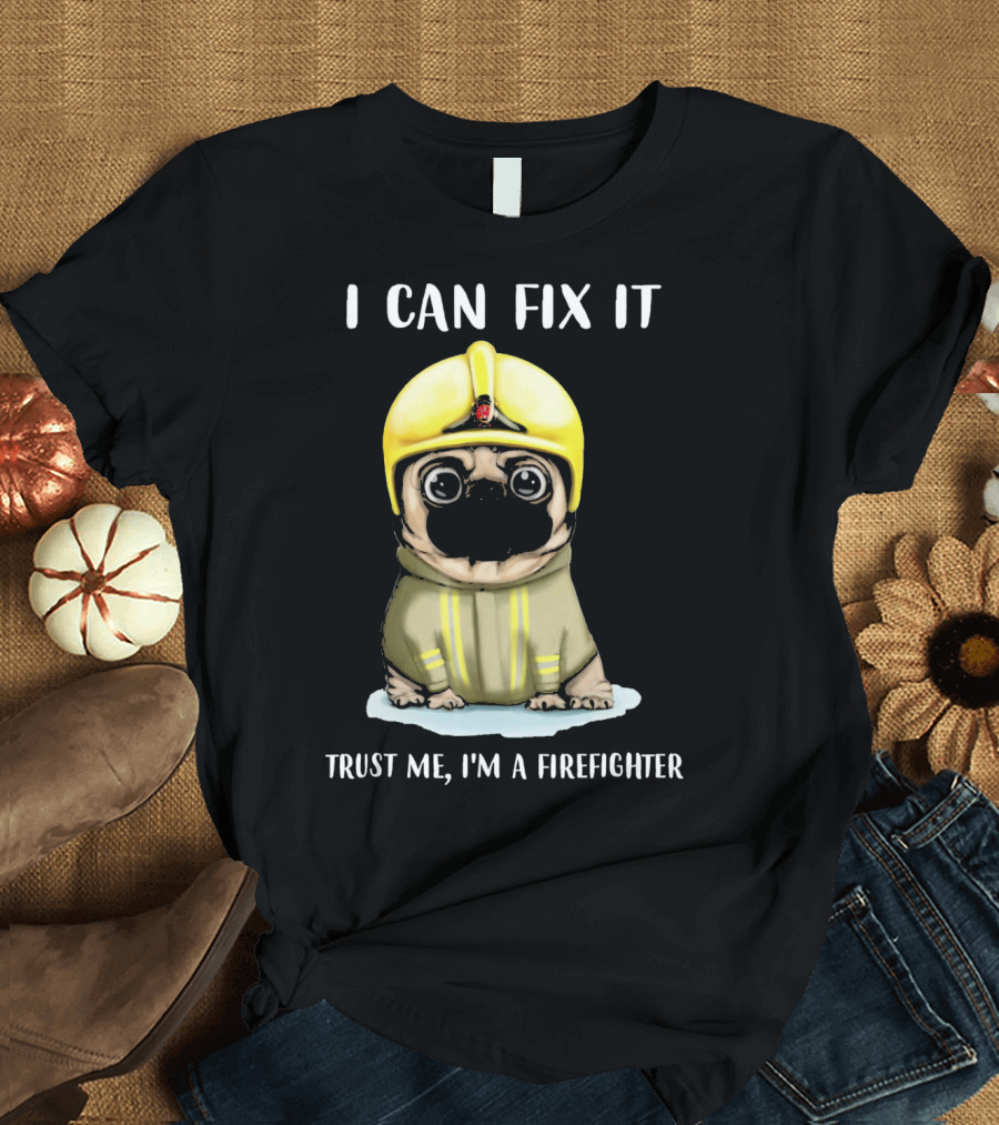 I Can Fix It Trust Me I'm A Firefighter Dog in Yellow Helmet T-Shirt