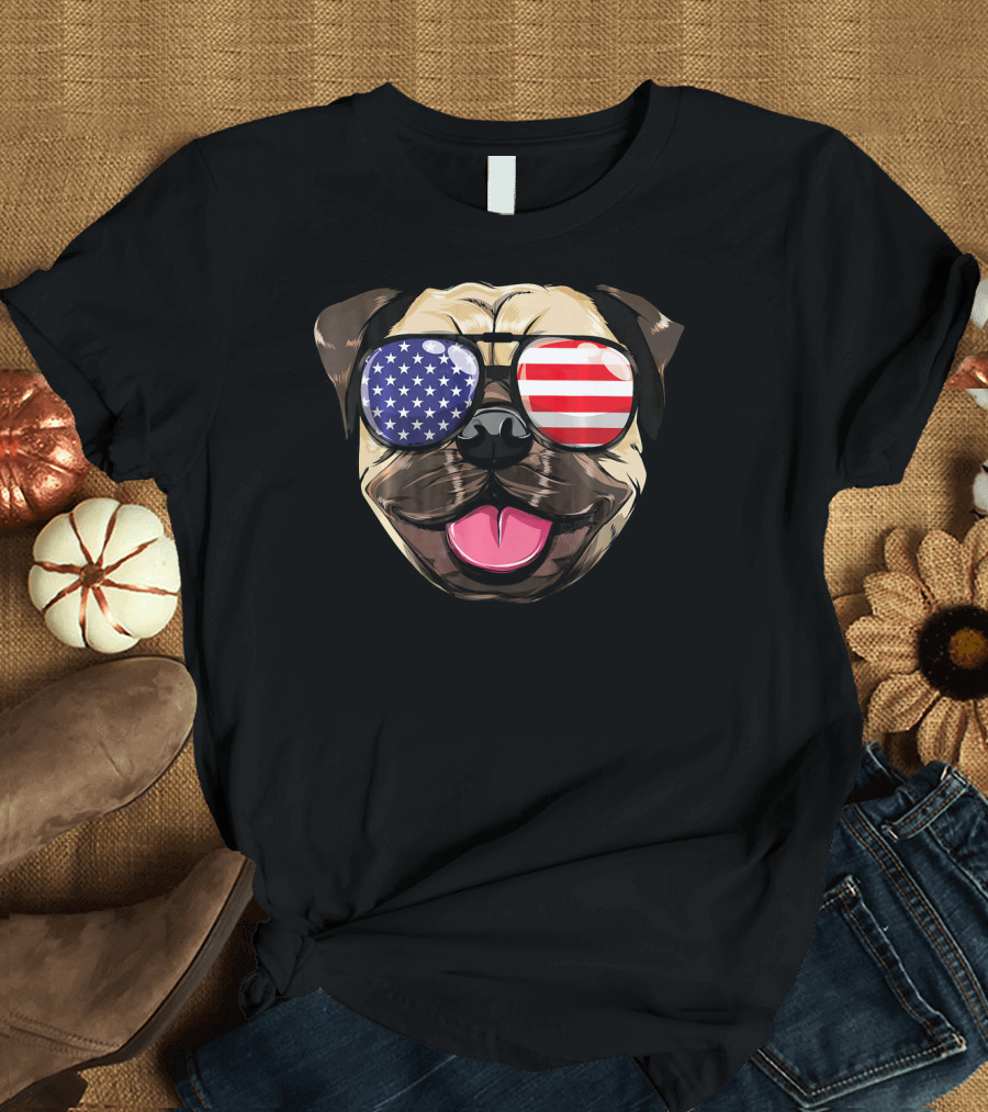 Pug Dog American Flag Sunglasses Patriotic T-Shirt