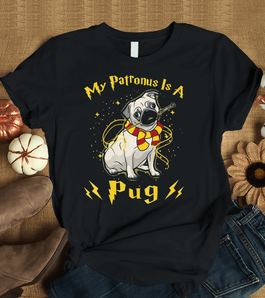 My Patronus Is A Pug with Magical Wand and Scarf T-Shirt