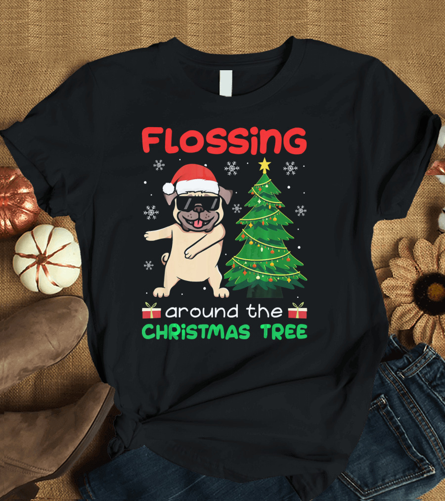 Flossing Pug Around the Christmas Tree with Santa Hat and Gifts T-Shirt