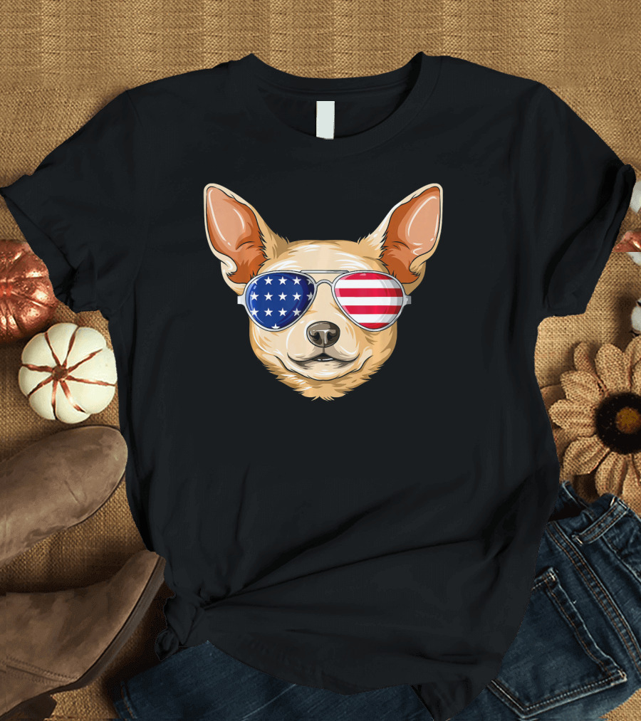 Patriotic Chihuahua with American Flag Glasses USA T-Shirt