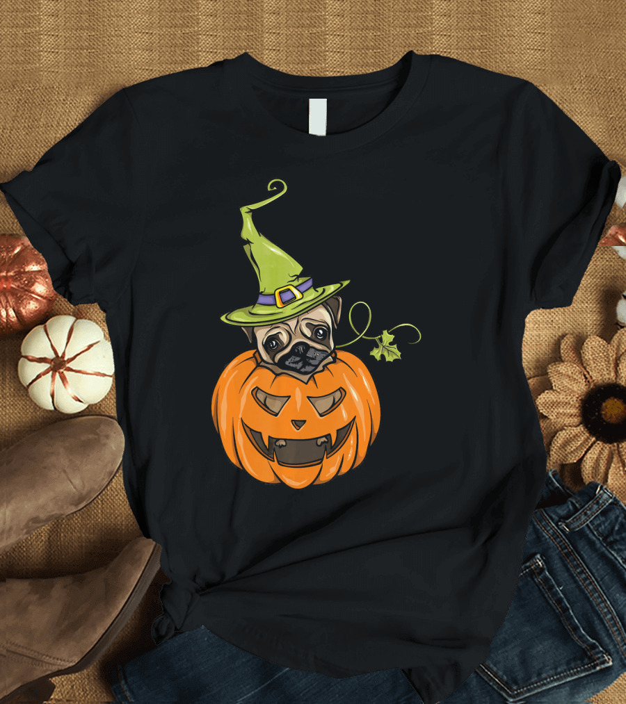 Halloween Pug Witch Pumpkin Costume Women T-Shirt