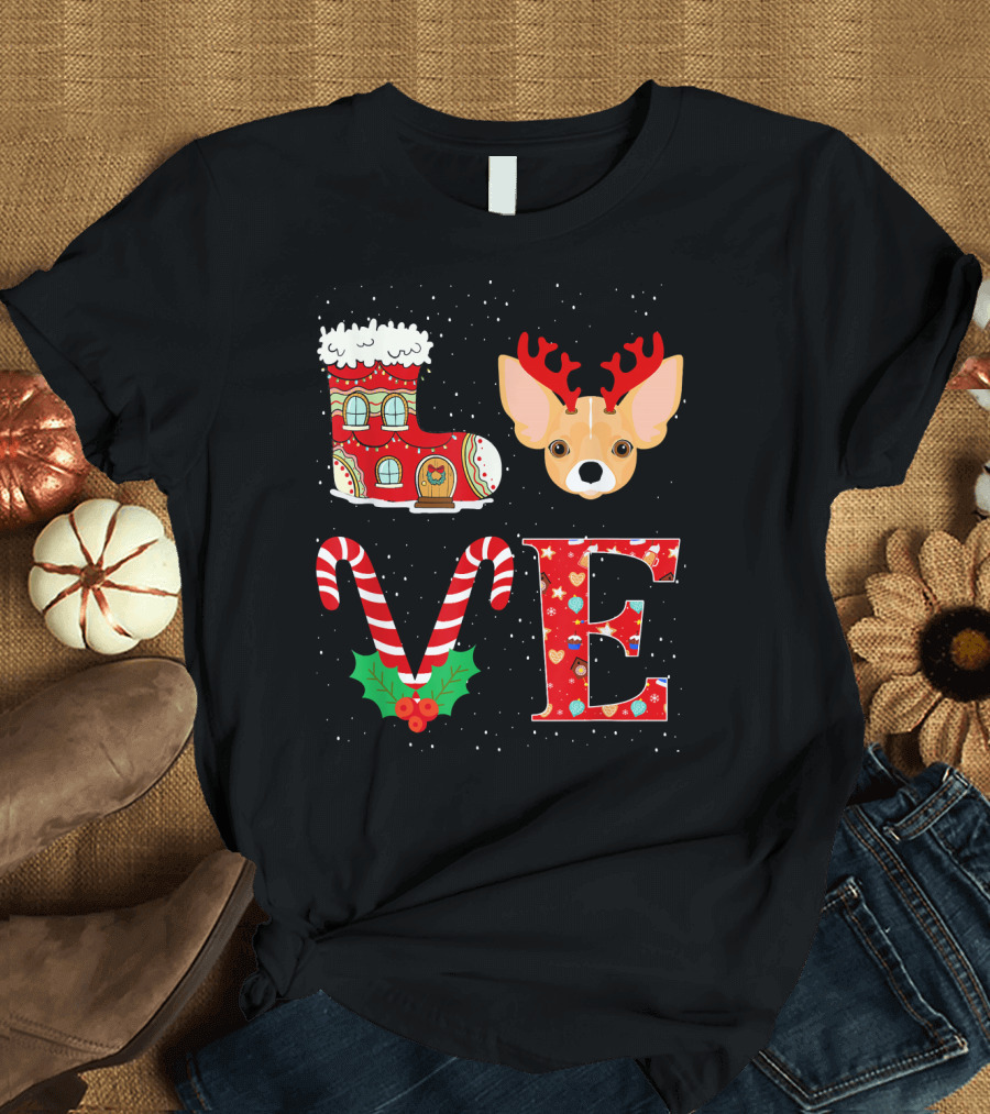 Love My Chihuahua Reindeer Horns Christmas Boot Candy Cane Holiday T-Shirt